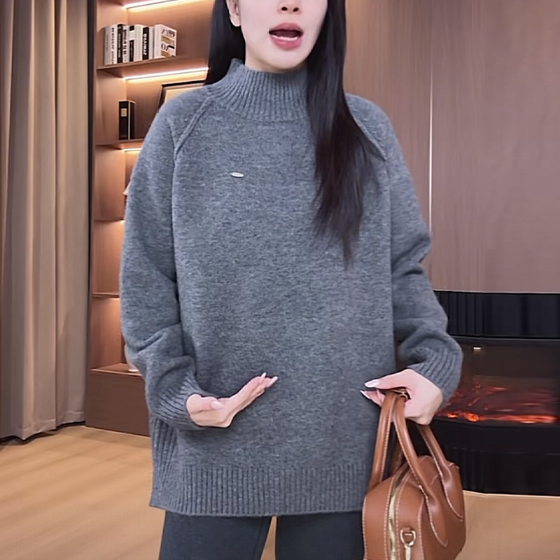 中长款灰色高领毛衣女秋冬新款慵懒风软糯宽松显瘦洋气针织衫上衣