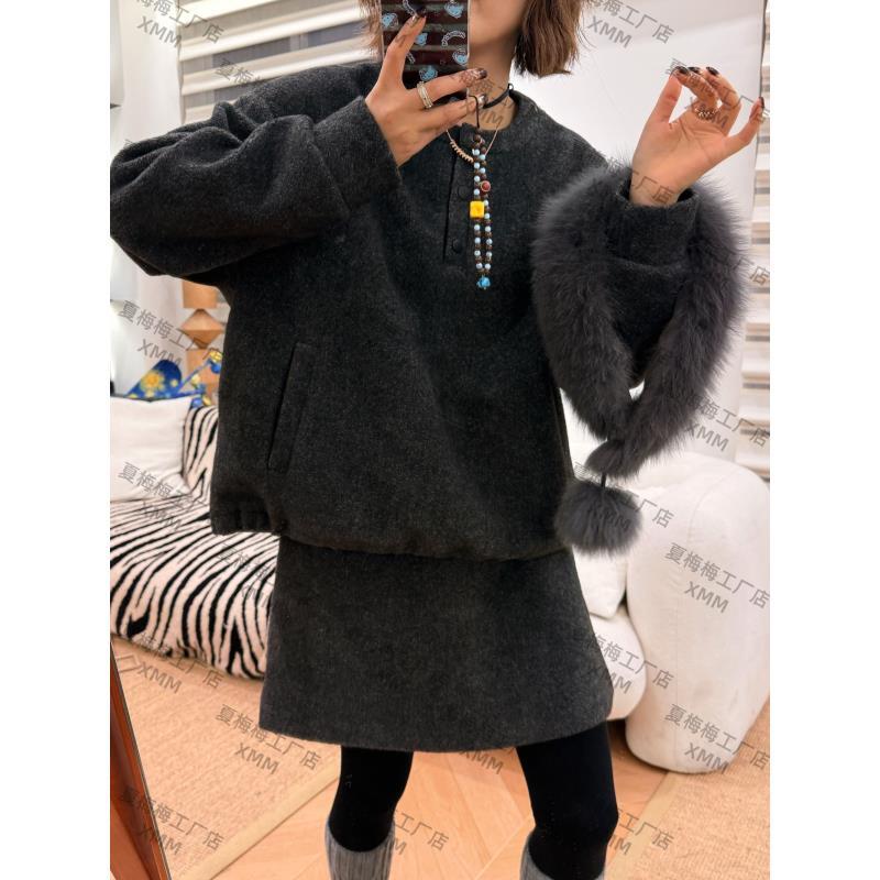 XMM.【H狐狸毛领毛呢三件套】针织时尚百搭加厚韩版秋冬保暖休闲衣.