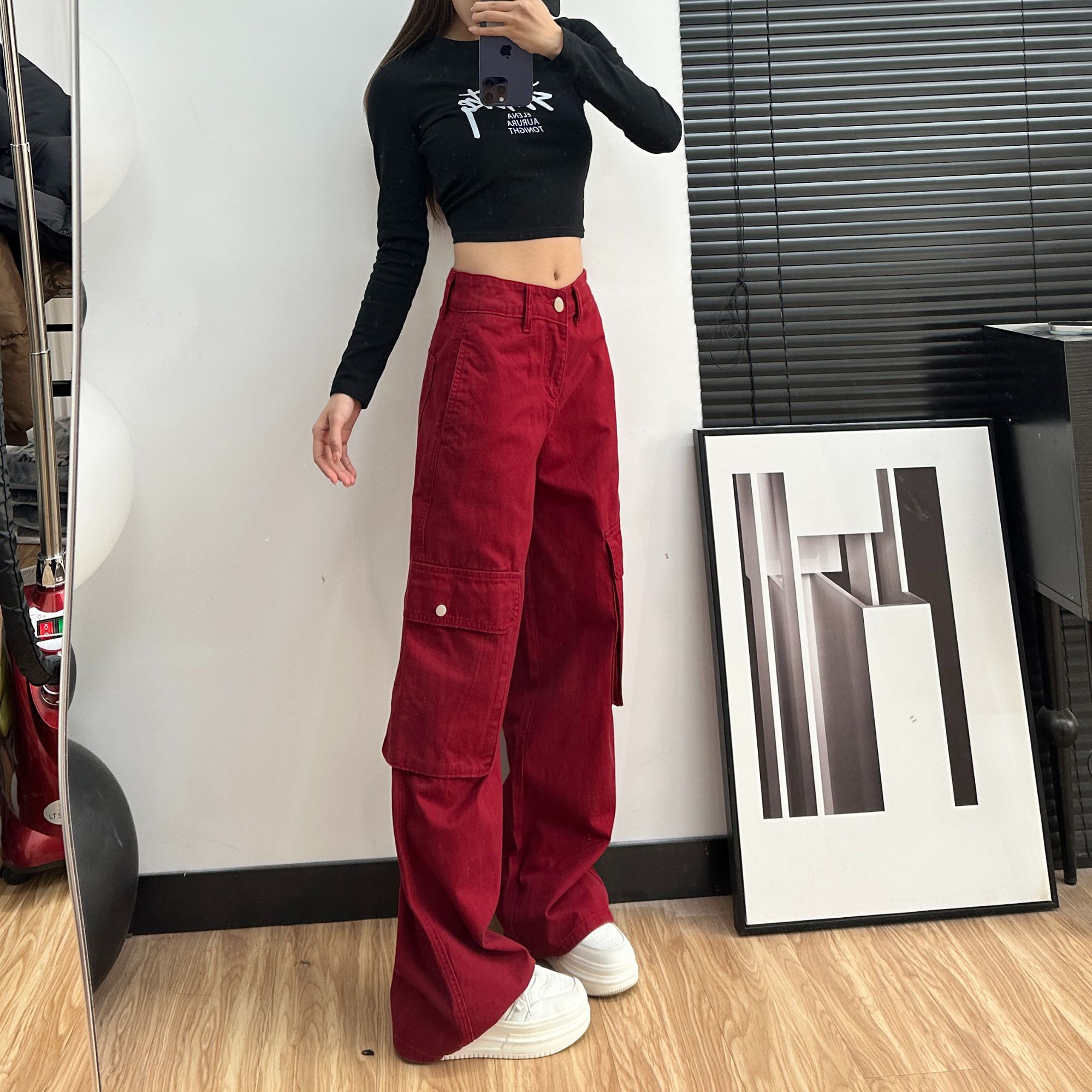 2025新款153小个子高街辣妹拖地裤百搭春夏红色高腰工装裤女2329