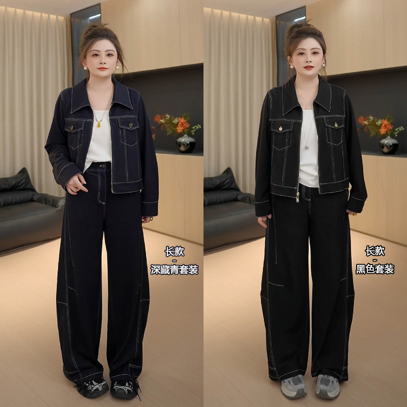 【胖佳佳】现货~视觉沦陷套装 时尚仿牛仔外套休闲长裤H625A12288