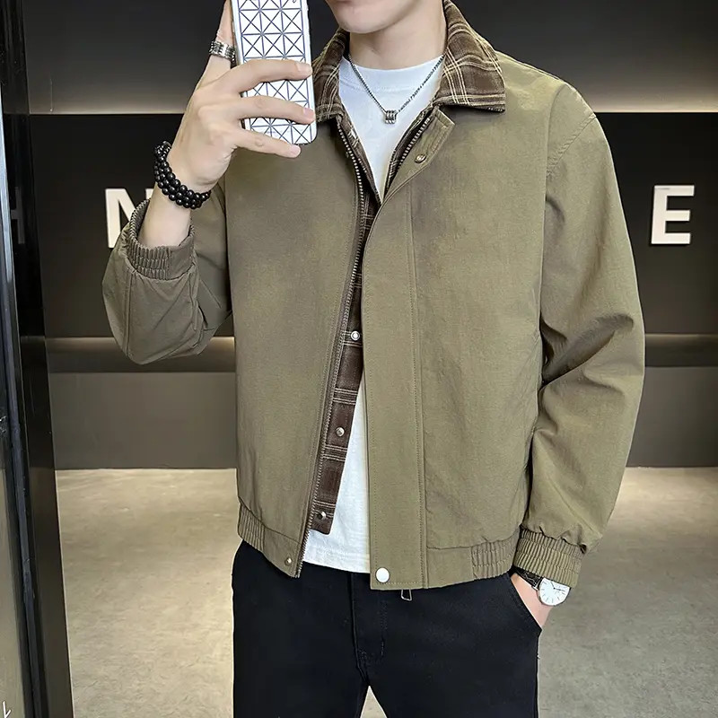 2025秋冬季翻领夹克拼接撞色个性时尚宽松外套男士6890