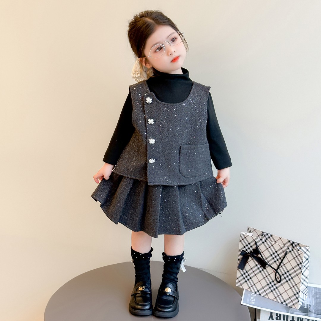 女童小香风套装秋装2025新款洋气儿童毛呢马甲女宝宝百褶裙三件套
