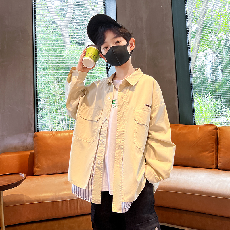 男童假两件外套春秋款2025新款儿童春季洋气长袖衬衫大童春装上衣