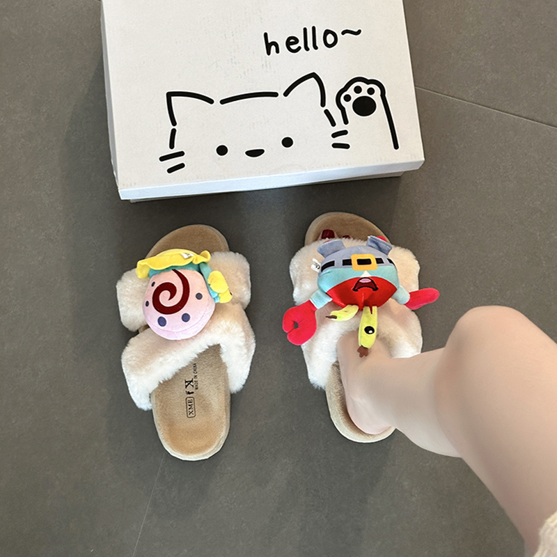 可爱卡通动漫蟹老板蜗牛毛毛拖鞋女士2025秋冬新款防滑增高棉拖鞋