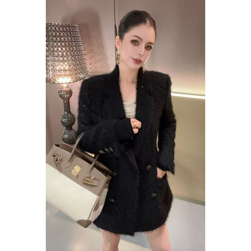 重工双排扣拼接亮片毛絮絮外套WT31116