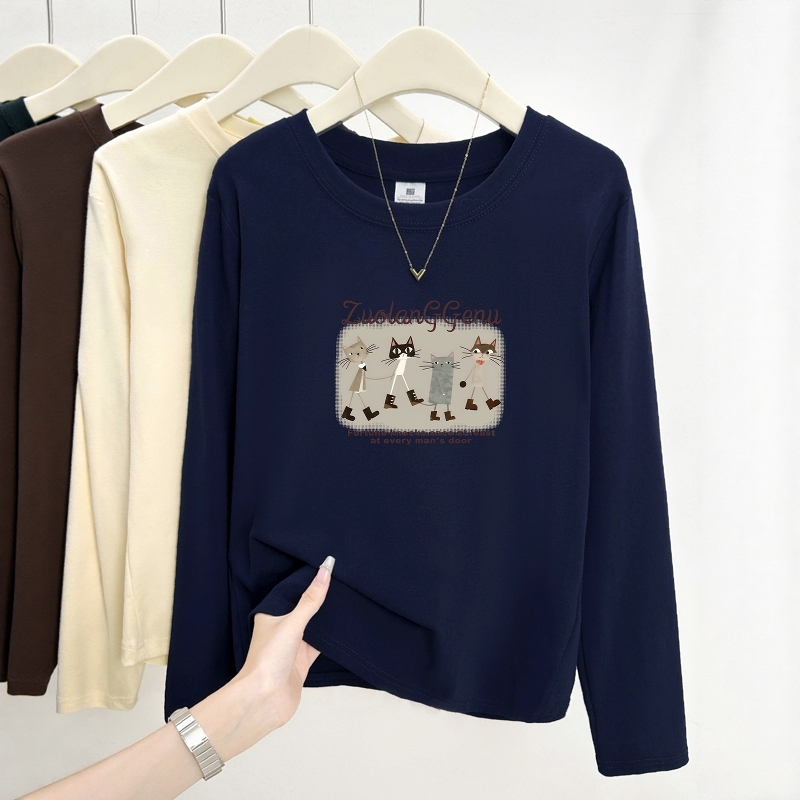 创意猫咪印花秋冬2025新款正肩圆领长袖T恤女设计感时尚百搭上衣