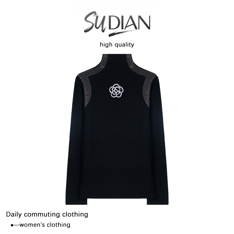 秋冬季新款墨韵山茶花螺纹烫钻长袖打底衫Q25CD2411