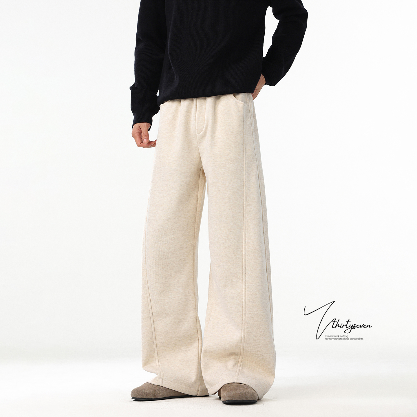 V37加绒加厚醋酸羊毛呢显瘦休闲裤男秋冬新款高级感解构弯卫裤