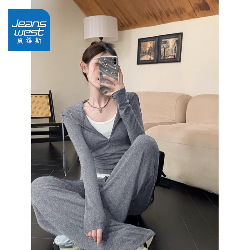 真维斯时尚套装女长袖阔腿裤两件套高级内里磨毛冬季打底套装H