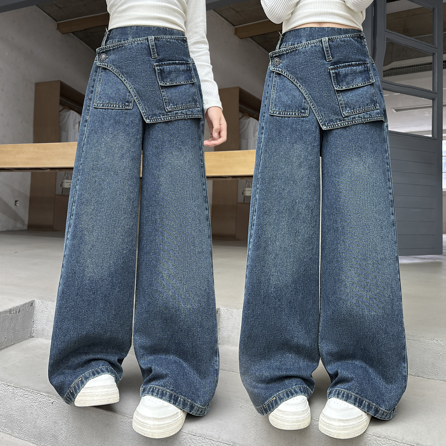 女童春秋款牛仔裤2025新款女大童洋气时尚休闲秋季韩版屁帘阔腿裤