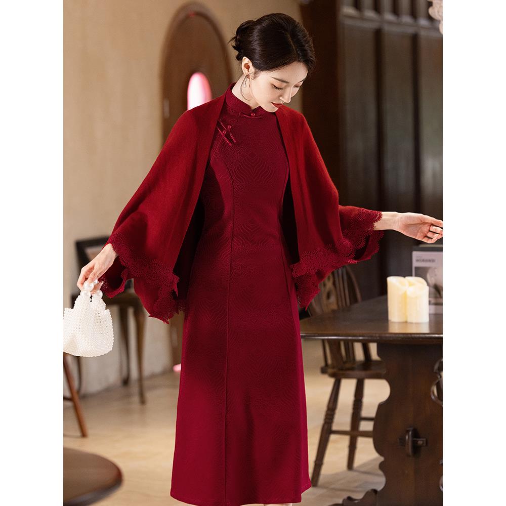 针织衫2025年秋冬开衫外套旗袍披肩红色喜事婚宴专用年轻款复古女