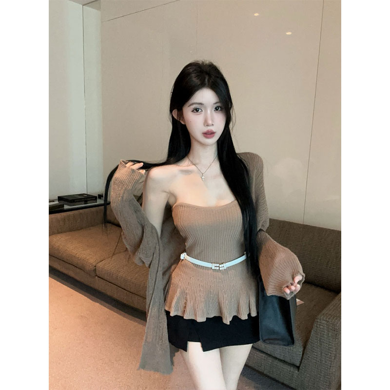 2025秋季抹胸荷叶边下摆抹胸上衣+毛衣+腰带3件套配百搭裙裤套装