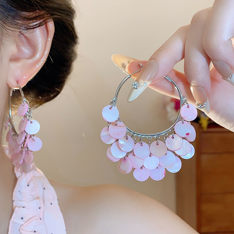 铜合金耳饰 粉色贝壳流苏耳环2025新款高级耳圈小众设计甜美耳饰