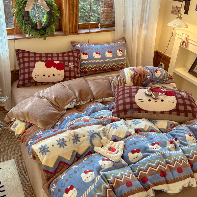 冬季圣诞款牛奶绒四件套加绒床上用品加厚珊瑚绒被套床单人三件套