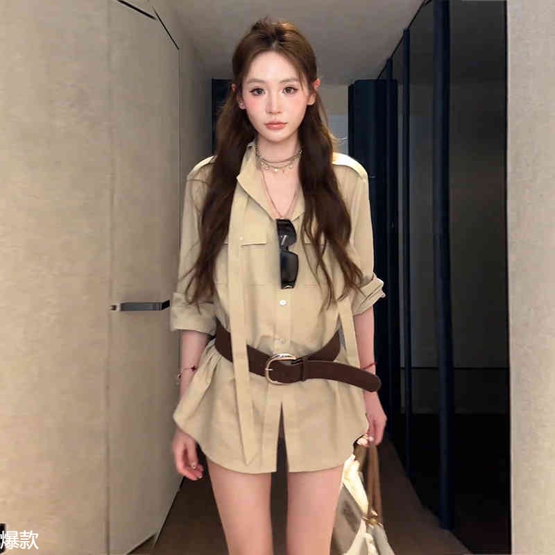 港风复古气质设计感中长款工装棉麻衬衫女夏季薄款松驰感宽松衬衣