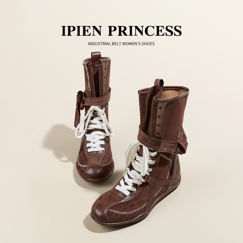 厚底内增高5cm美拉德复古拳击靴女2025秋冬新款圆头时尚高帮单靴