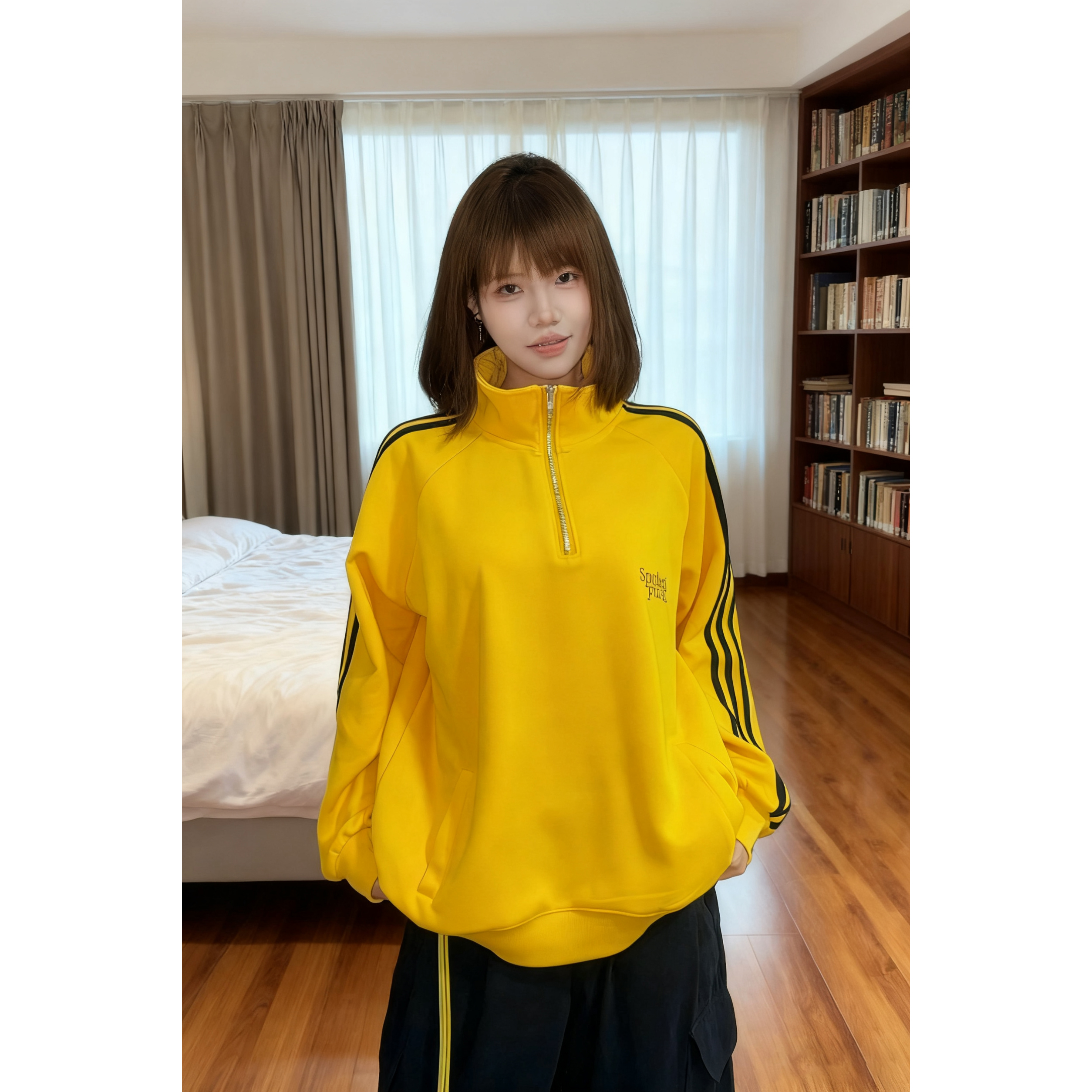 春秋季三杠半拉链立领卫衣女美式复古风休闲运动上衣短外套