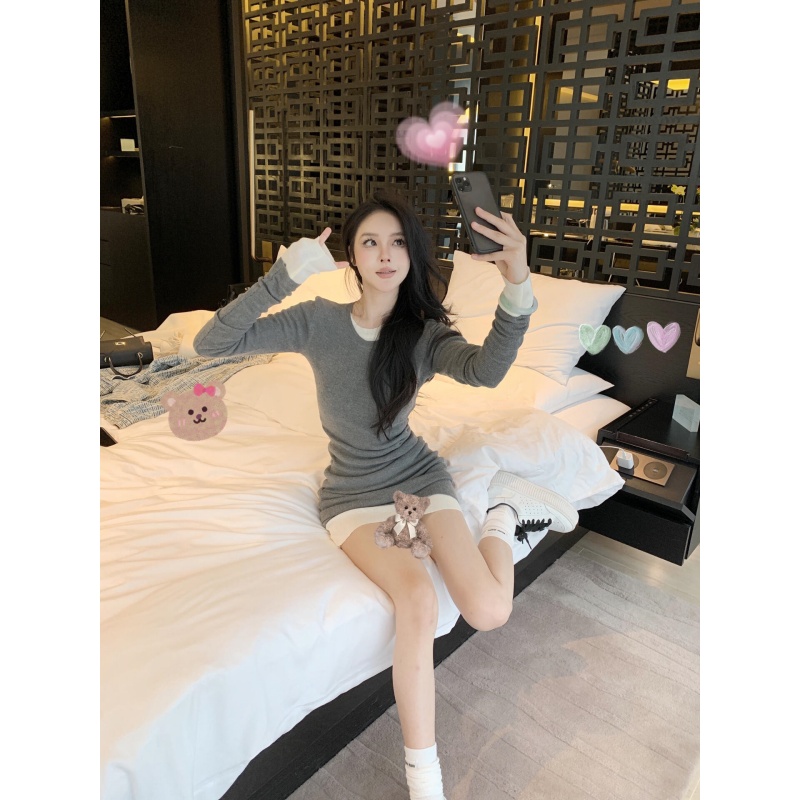 假两件针织连衣裙女秋季2025新款法式高级感修身气质辣妹包臀裙子