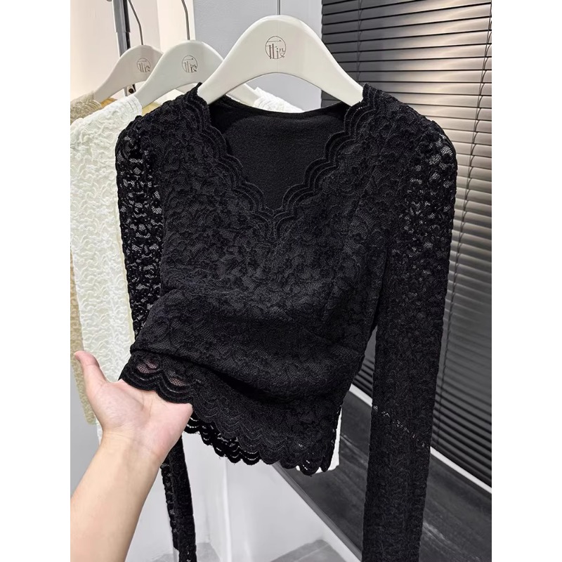 超好看蕾丝V领打底衫女2025新款冬季加绒长袖气质修身上衣显身材
