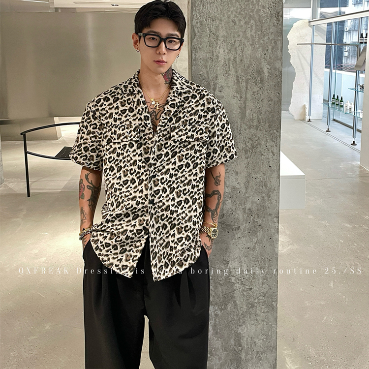 OXFREAK 「狂野豹纹」古巴领短袖衬衫男宽松度假夏威夷风休闲衬衣