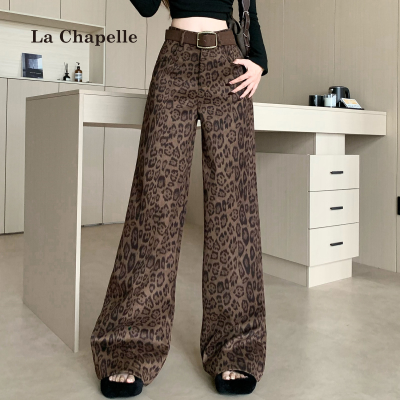 拉夏贝尔美式复古鹿皮绒豹纹阔腿裤女秋冬季高腰显瘦宽松拖地长裤
