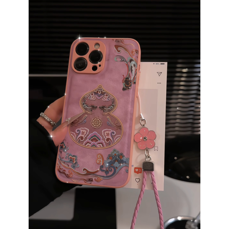 敦煌葫芦灰粉色适用苹果16pro手机壳15pm小众华为p70肤感皮纹小米