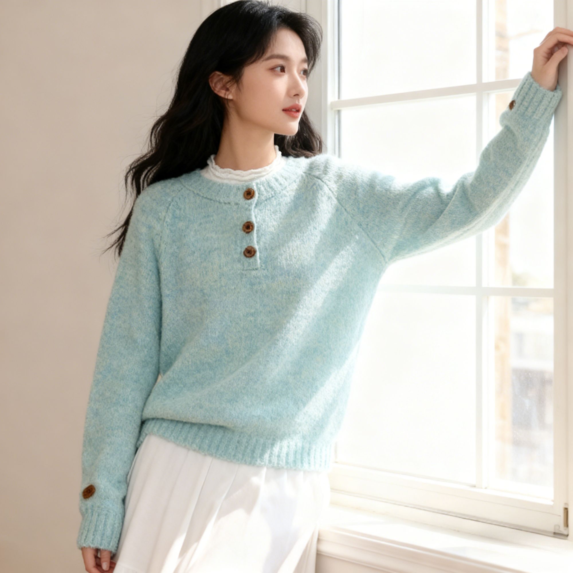 A126浅绿色圆领时尚套头针织衫女2025秋冬慵懒风内搭宽松外套上衣