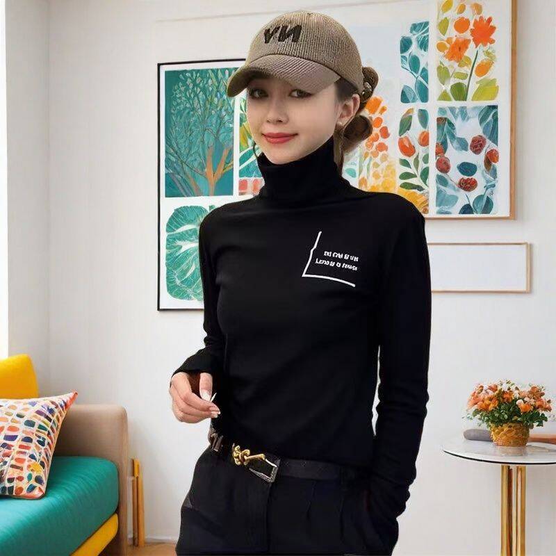 复古时尚欧货气质长袖印花T恤堆堆领女士保暖显瘦洋气打底上衣潮