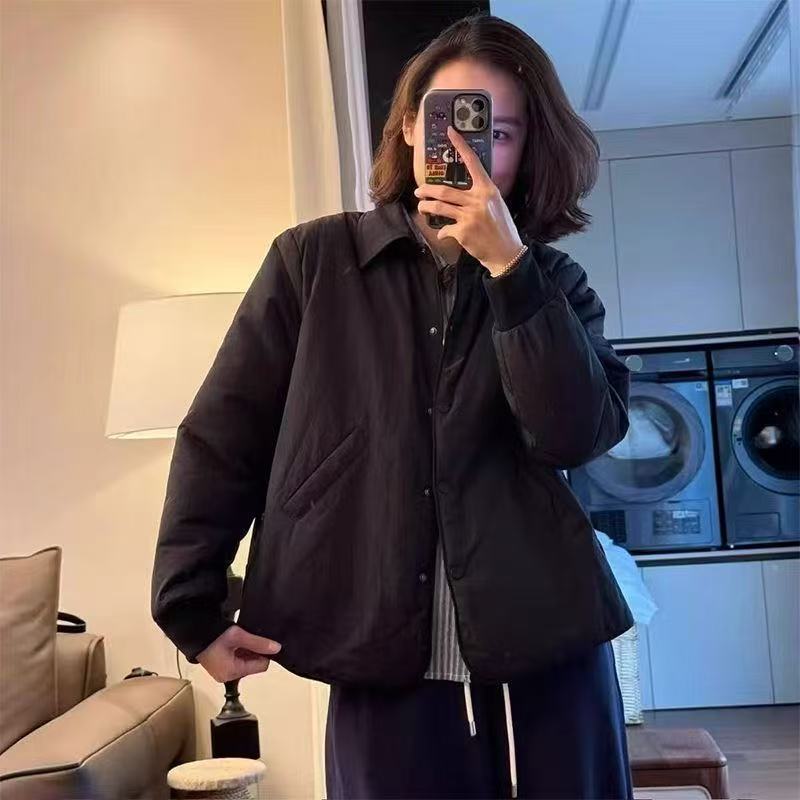 短款简约翻领棉衣外套女秋冬季新款宽松显瘦百搭暗扣轻薄棉服上衣