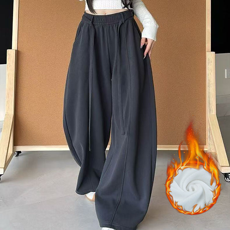 慵懒风显瘦直筒裤秋冬季加绒加厚保暖裤交通局腰绳弯刀裤拖地长裤