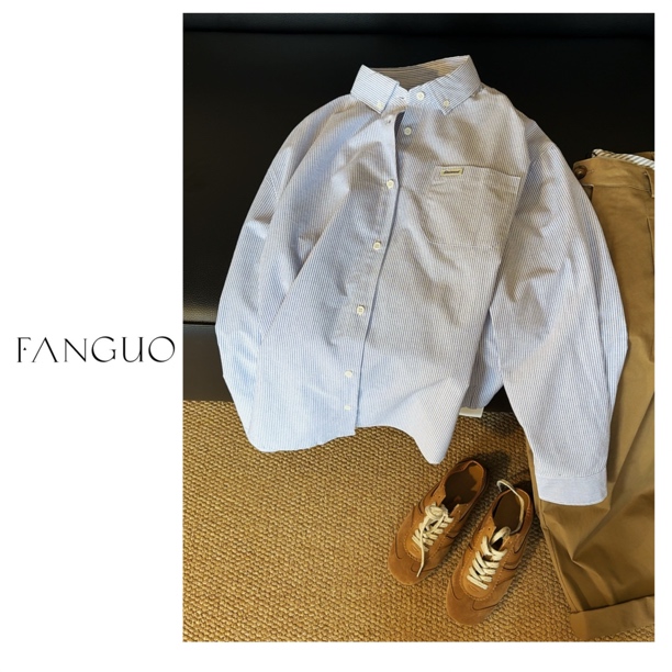 韩国stetame*t有腔调！牛津棉日系复古文艺休闲条纹衬衫女B6261