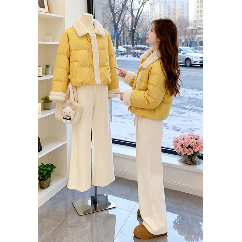 2026冬季翻领长袖棉服高腰纯色休闲裤两件套女时尚减龄百搭衣服