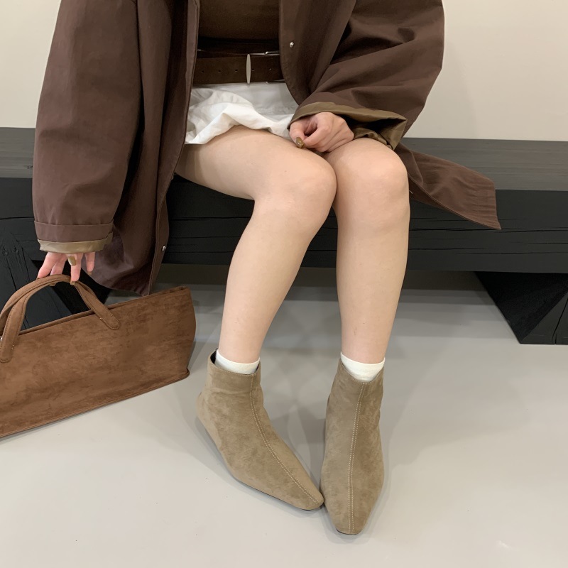 复古绒面小方头短靴女2025新款秋冬内增高百搭侧拉炼马丁靴