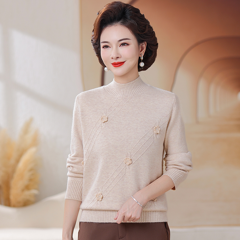 妈妈装中老年针织衫粗针保暖加厚半高秋冬季毛衣喜婆婆穿时尚打底