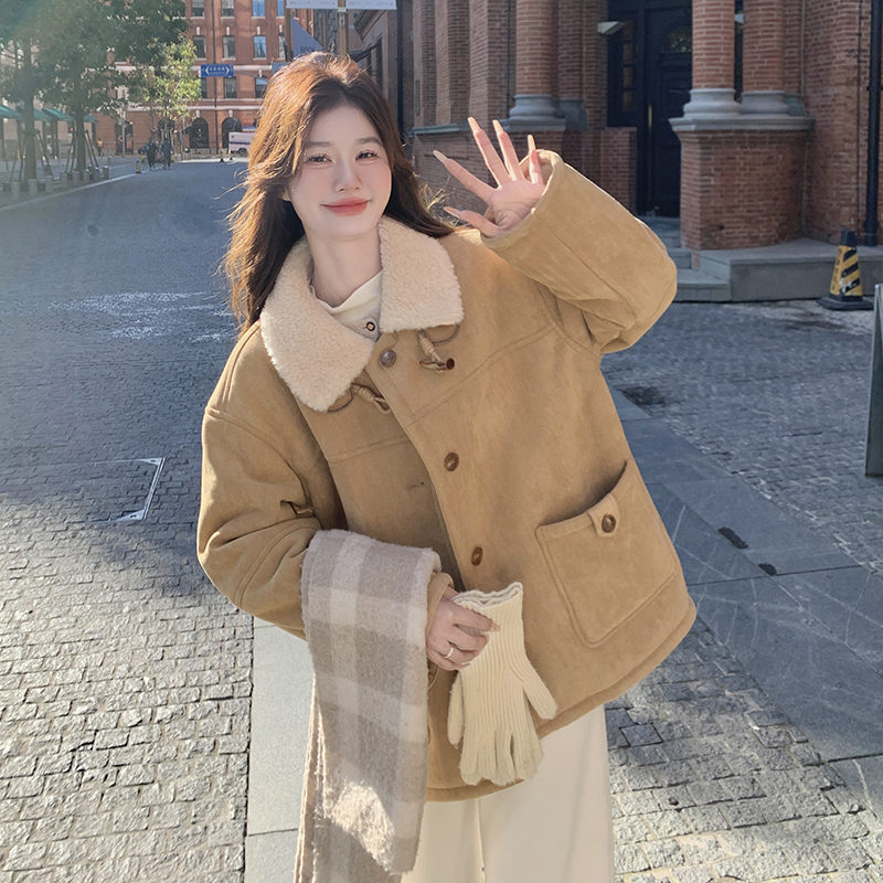 韩系超好看卡其色加绒皮毛一体外套女2025冬季新款加厚羊羔绒棉服