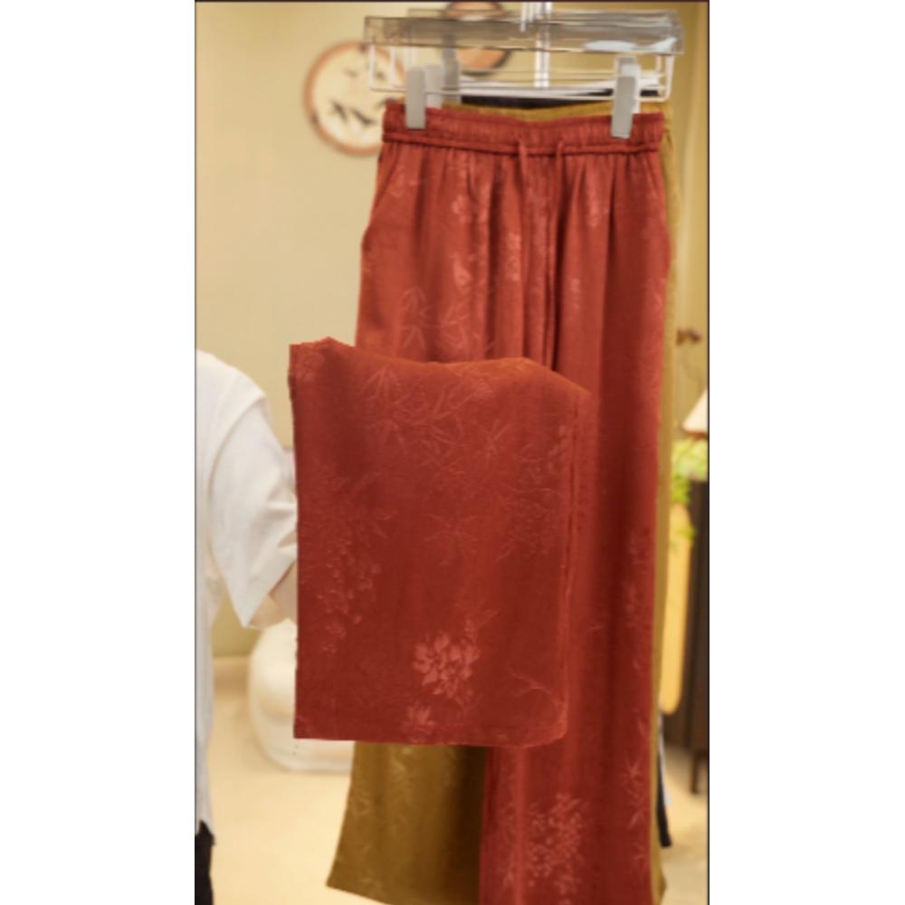 福瑞-2025春夏季新款简约百搭时尚枫叶爆竹国风新中式直筒裤新