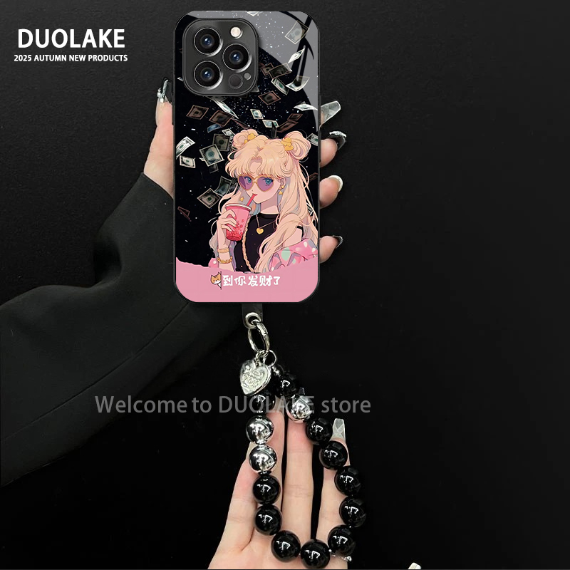 适用于苹果/oppo/华为/vivo/小米发财美少女电镀玻璃手链手机壳潮