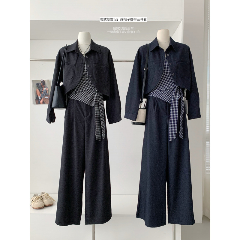 秋上新2025早秋季新款时尚百搭洋气复古格子背心黑色秋冬三件套