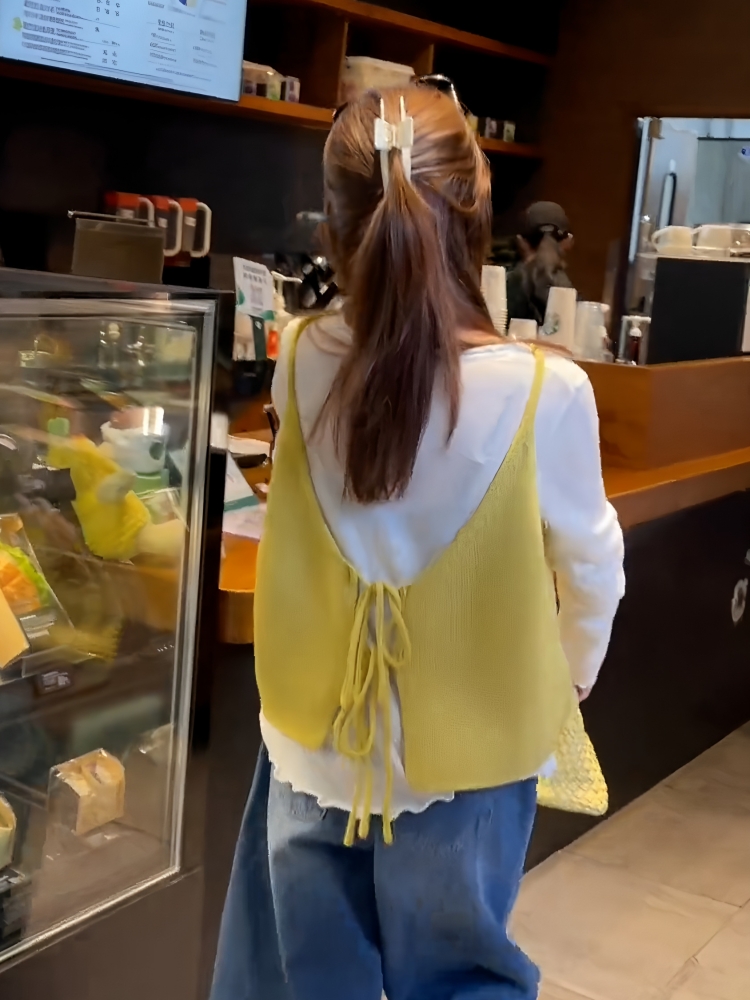 韩系慵懒感后背绑带针织女款2025早秋新款圆领T恤+吊带马甲两件套