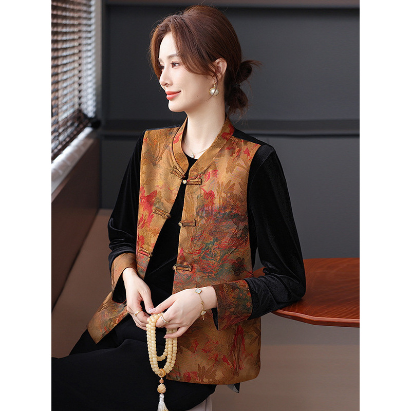批发新款中式国风马甲打底衫两件套套装背心盘扣上衣马夹复古风