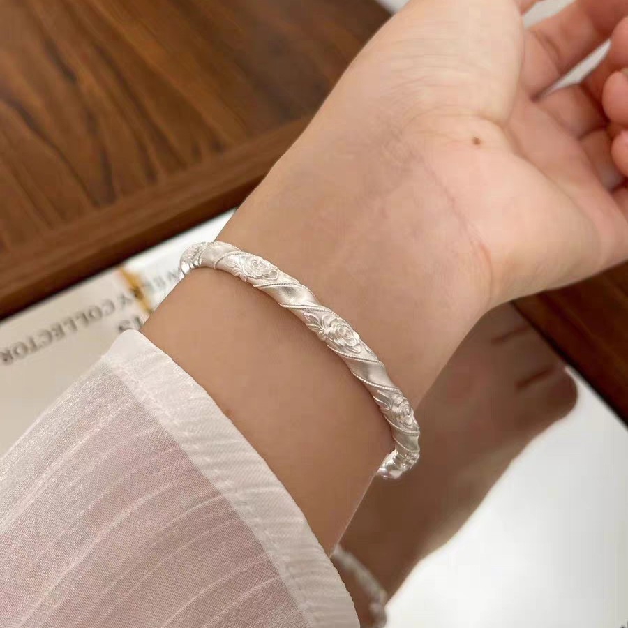 足银手镯 古法扭纹玫瑰花银手镯女足银999.9实心开口可调节