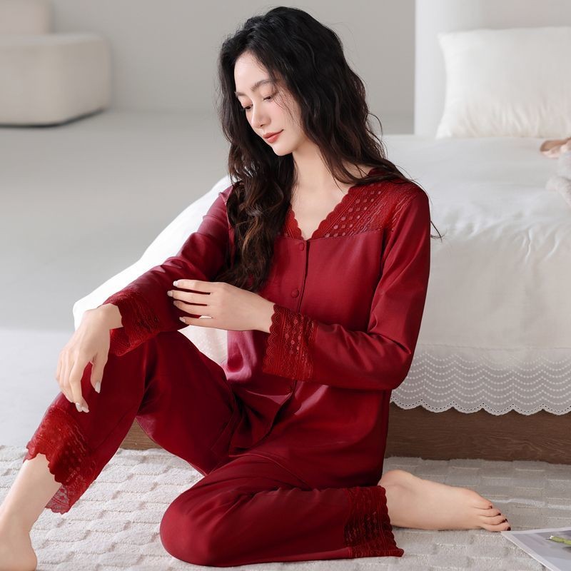 睡衣女款2025新款春秋纯棉长袖长裤女士红色本命年家居服套装