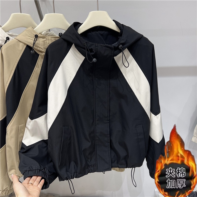 秋季撞色连帽冲锋衣外套女装小个子夹克设计感工装棒球服宽松显瘦