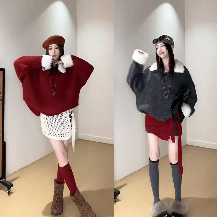 秋冬流行穿搭一整套女2025新款圣诞红色针织开衫百搭短裤两件套