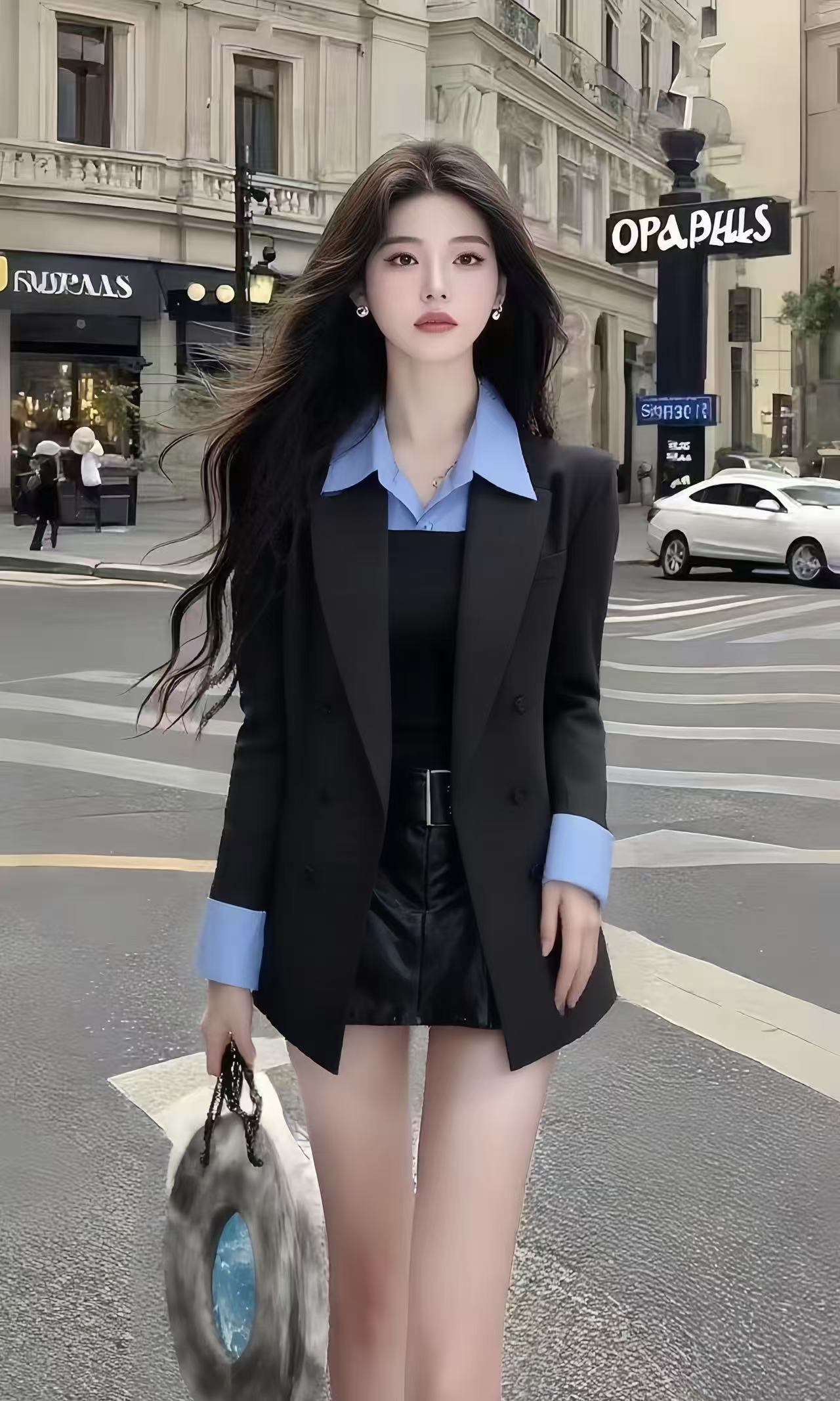 复古港风小个子设计感黑色正肩长袖西装外套女休闲通勤风显瘦穿搭