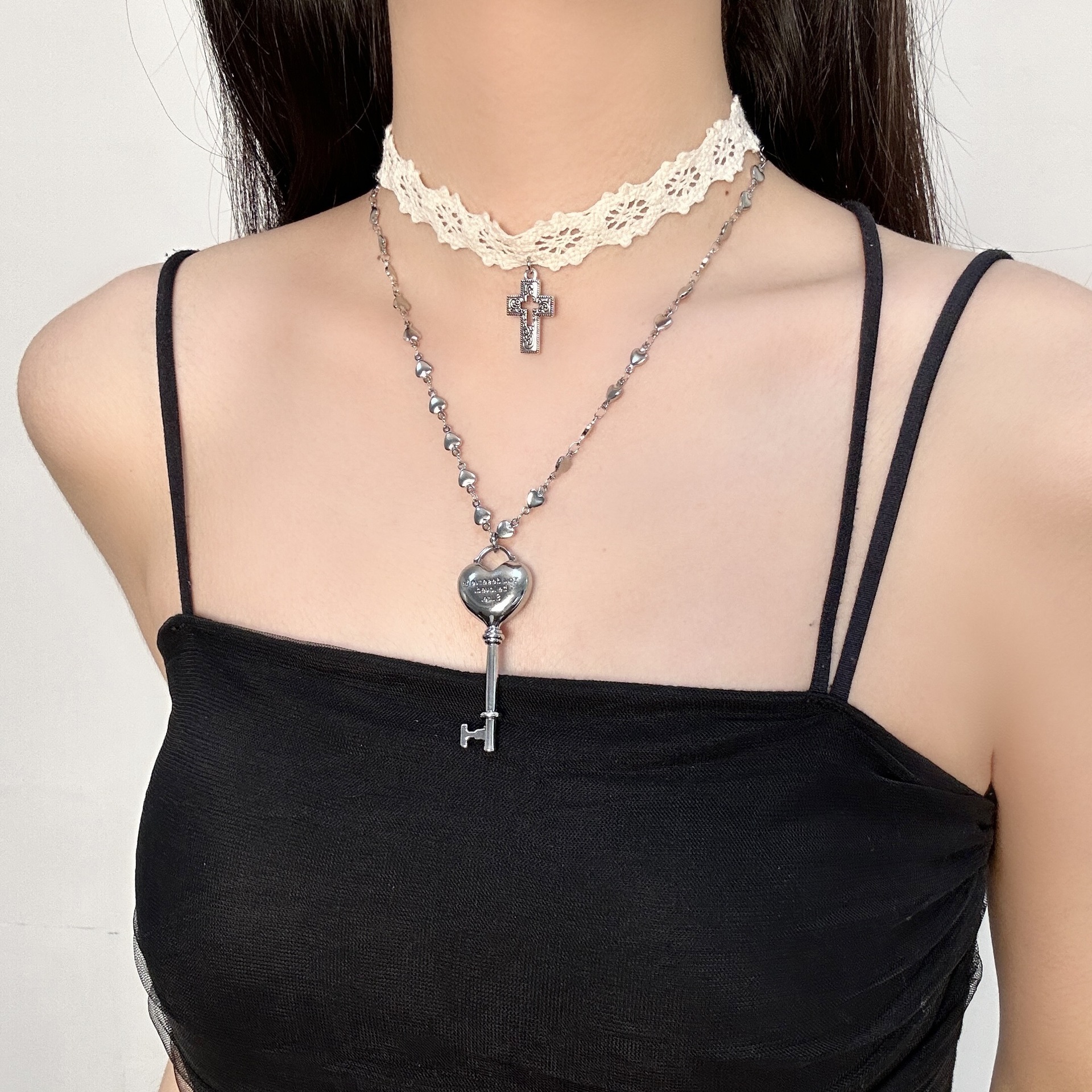 合金布艺项链 X0224甜酷白色蕾丝十字架绑带choker叠戴爱心钥匙项