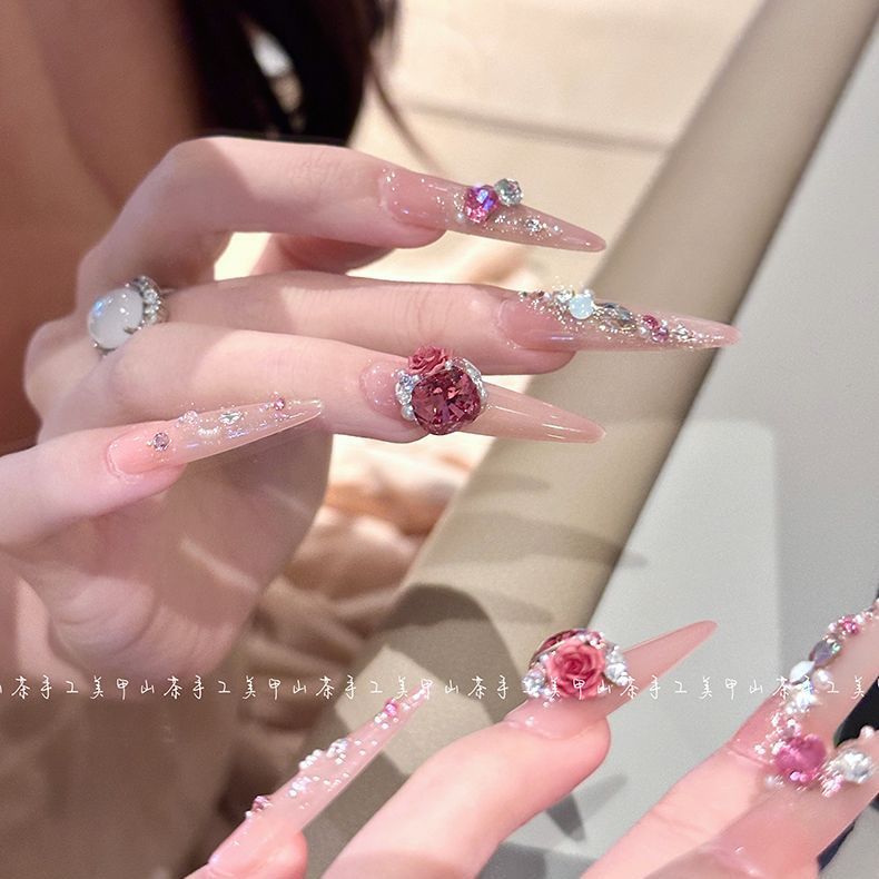 山茶家原创【虞姬】全华款纯手工定制穿戴甲爆闪高级美甲显白