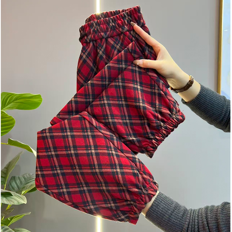 美式复古红色格纹卫裤女秋冬2026新款高腰显瘦休闲宽松直筒阔腿裤