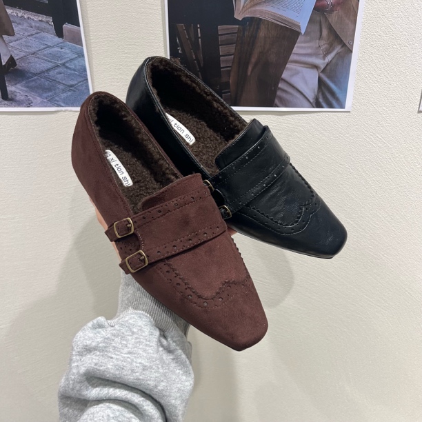 冬季鞋子女士皮带扣单鞋软底深口韩版冬季方头里绒