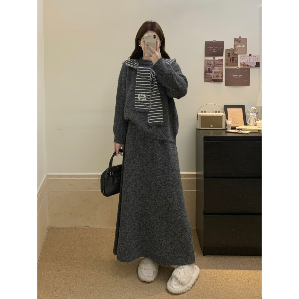 大码胖mm韩系秋冬宽松慵懒条纹连帽披肩配针织毛衣+半身裙三件套